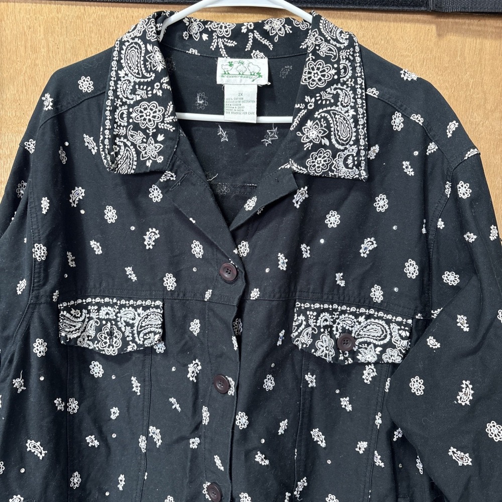 Vintage Quacker Factory Black Paisley Bandana Beaded Button Jacket Shacket 2X